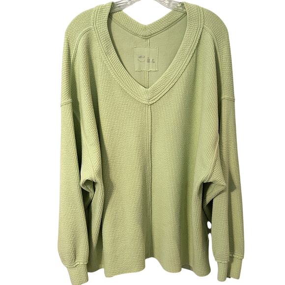 Aerie Wonder Textured Sweatshirt Womens Large Pistachio Green V-Neck *FLAW - Picture 2 of 12